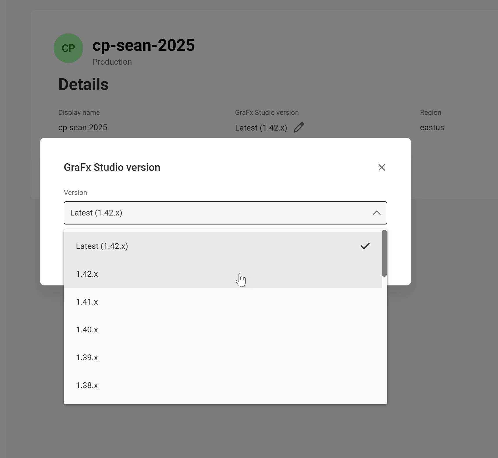 GraFx Studio version dialog with a Version dropdown set to Latest (1.42.x) and Cancel and Update buttons