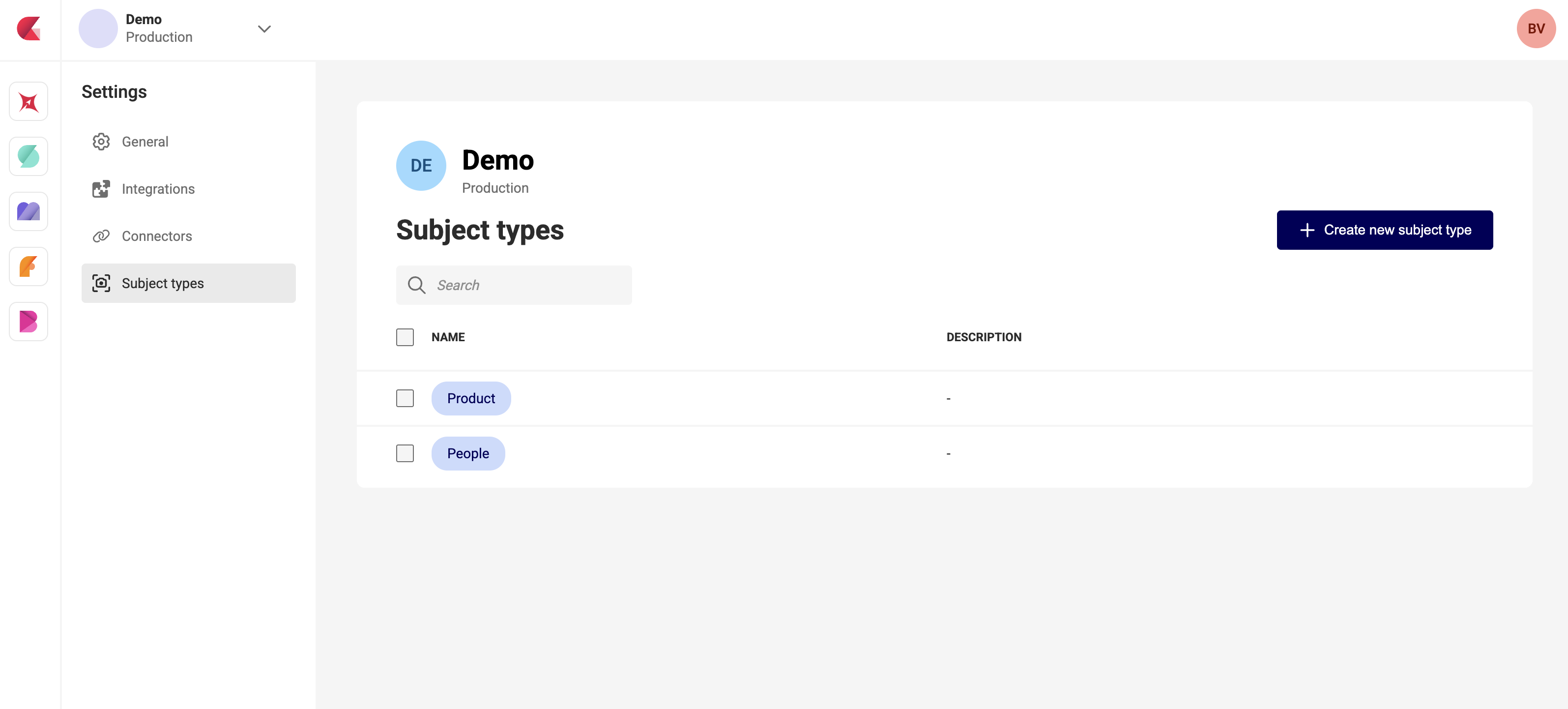 Subject types page in environment settings, showing a list with Product and People entries