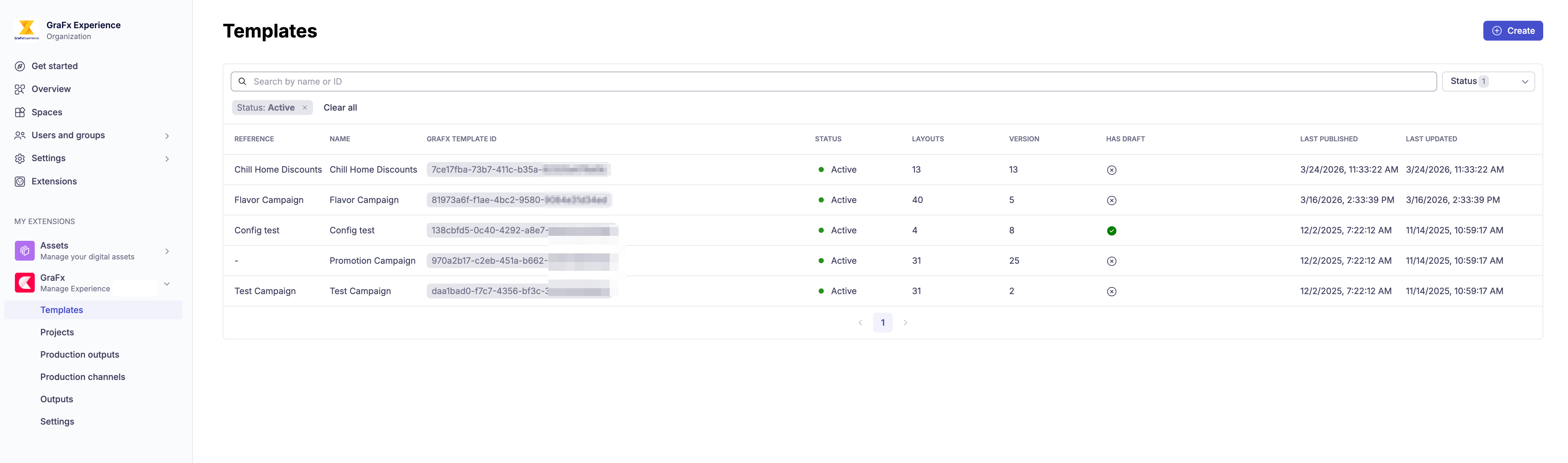 The CHILI GraFx extension admin console showing the main navigation with Templates, Fields, Production Channels, and Settings