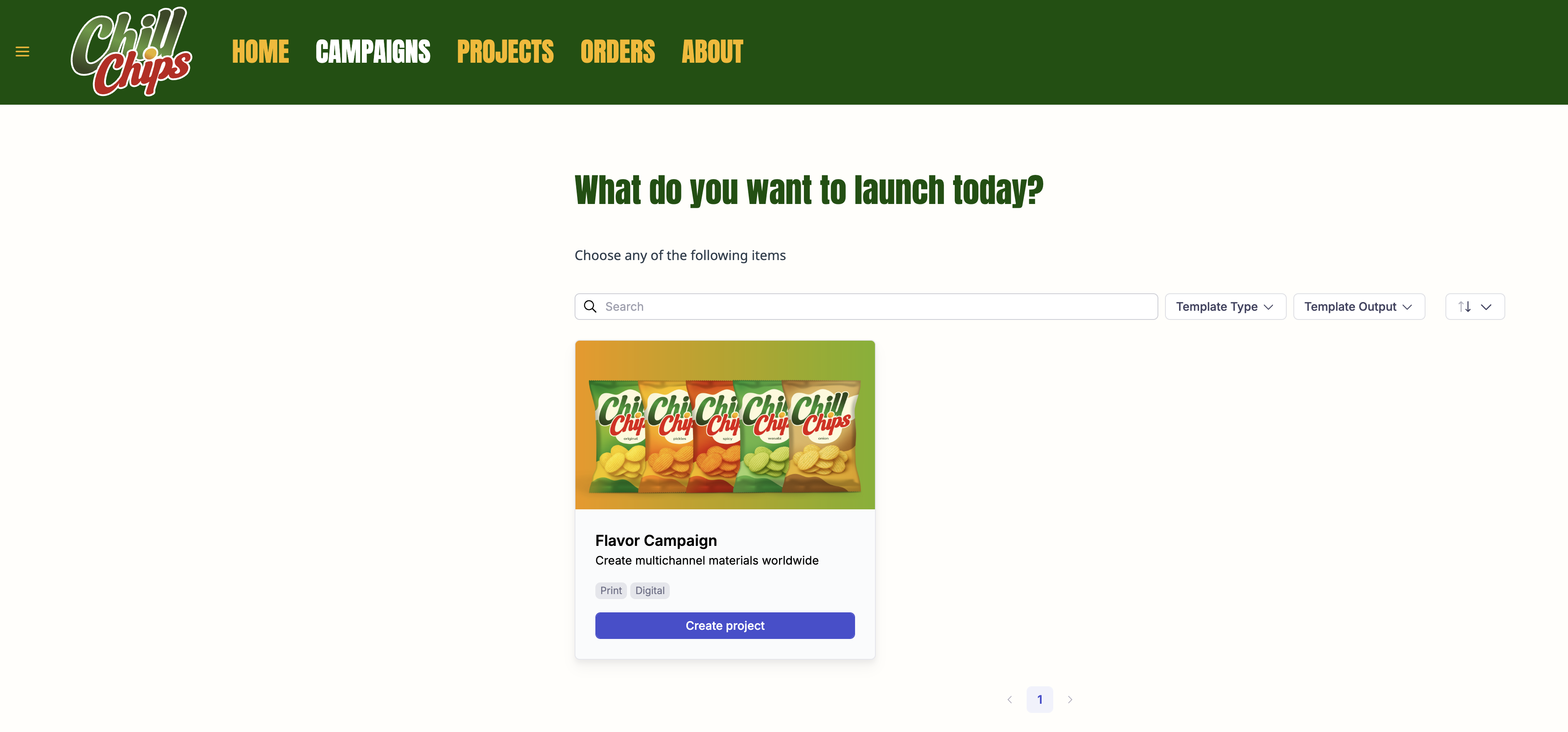 The campaigns page showing a grid of campaign cards with thumbnail images, names, descriptions, and Print/Digital intent tags