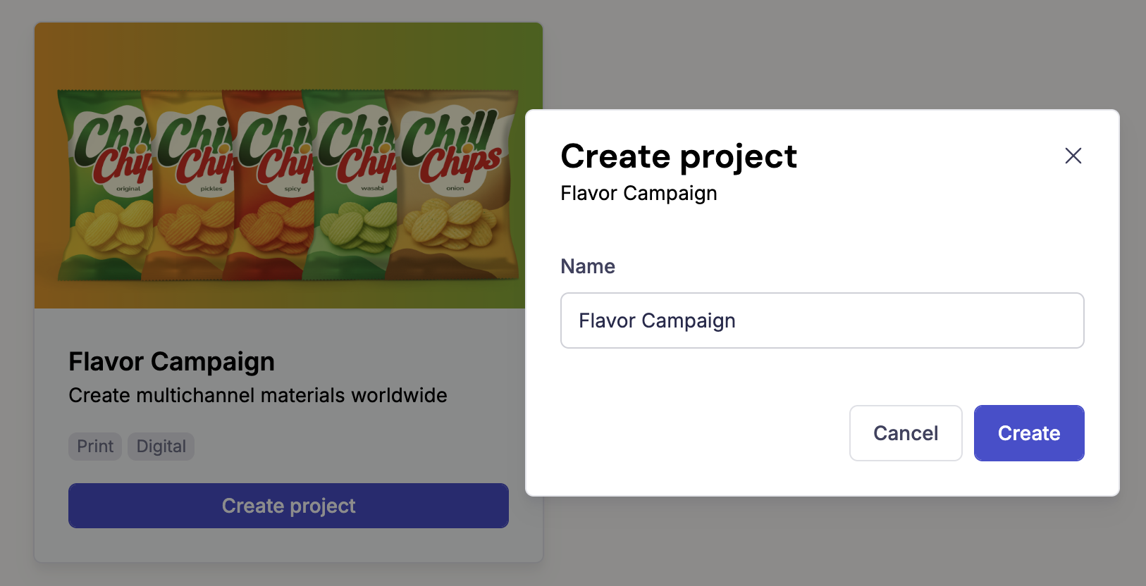 The "Name your project" dialog with a text input field and Create button