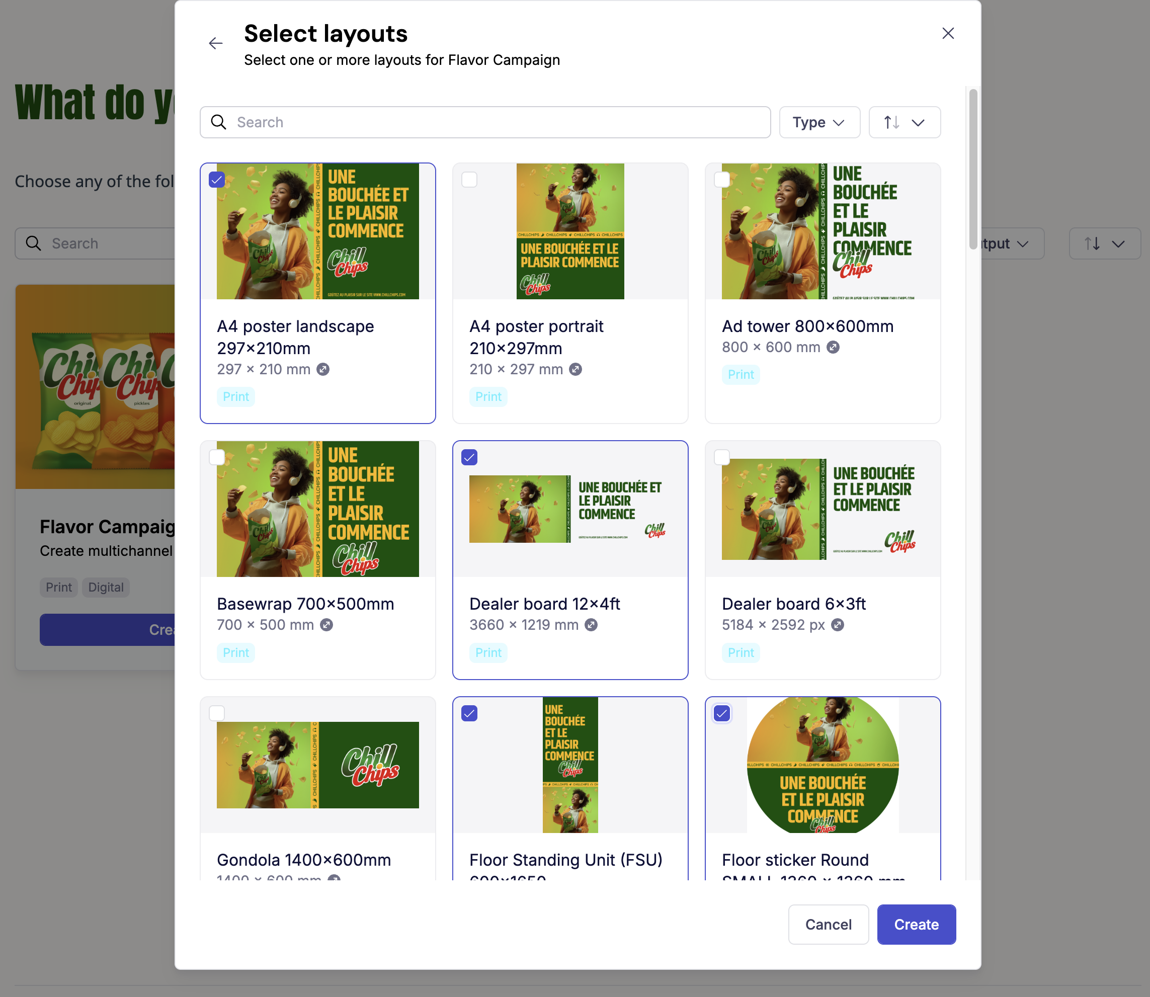 The layout selection screen showing layout cards with preview images, names, dimensions, and Print/Digital tags — with some layouts selected