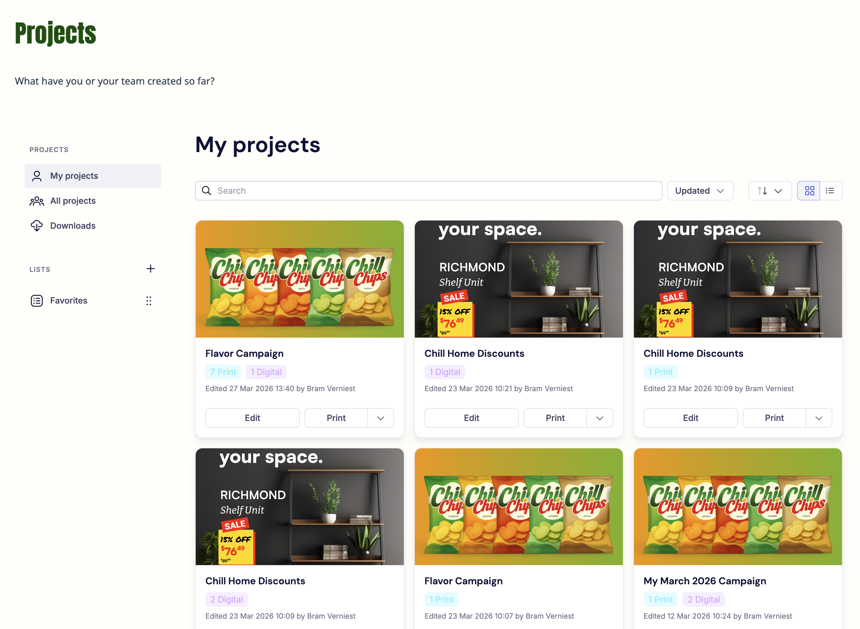 The My projects tab showing a grid of project cards with thumbnail previews, project names, layout counts, last-edited dates, and Edit and Print/Download buttons