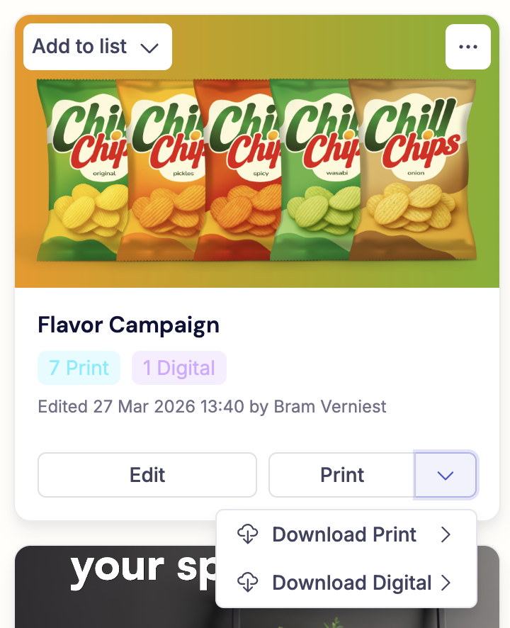 The Print dropdown on a project card showing Download Print, Download Digital, and available production partner options