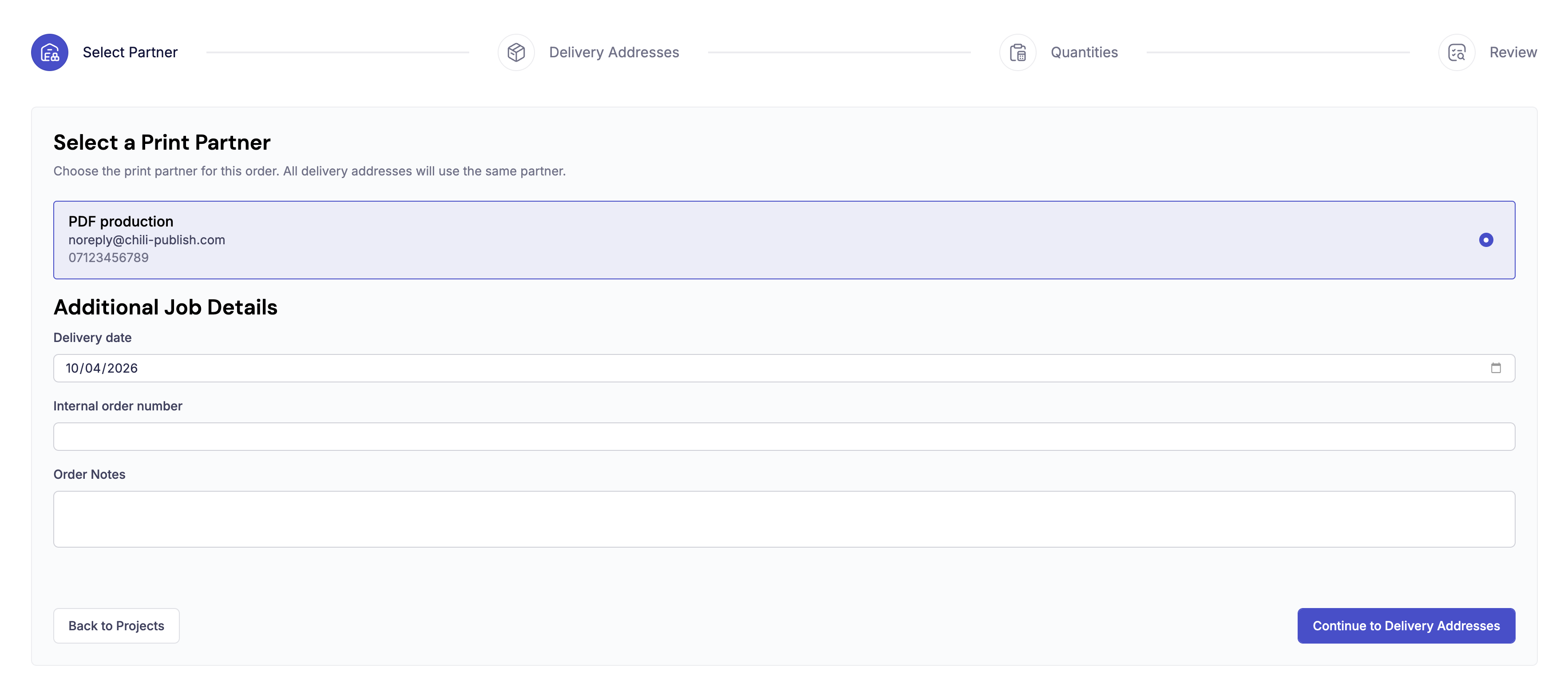 The order review screen showing the selected layouts, delivery addresses, quantities per address, and the Place order button