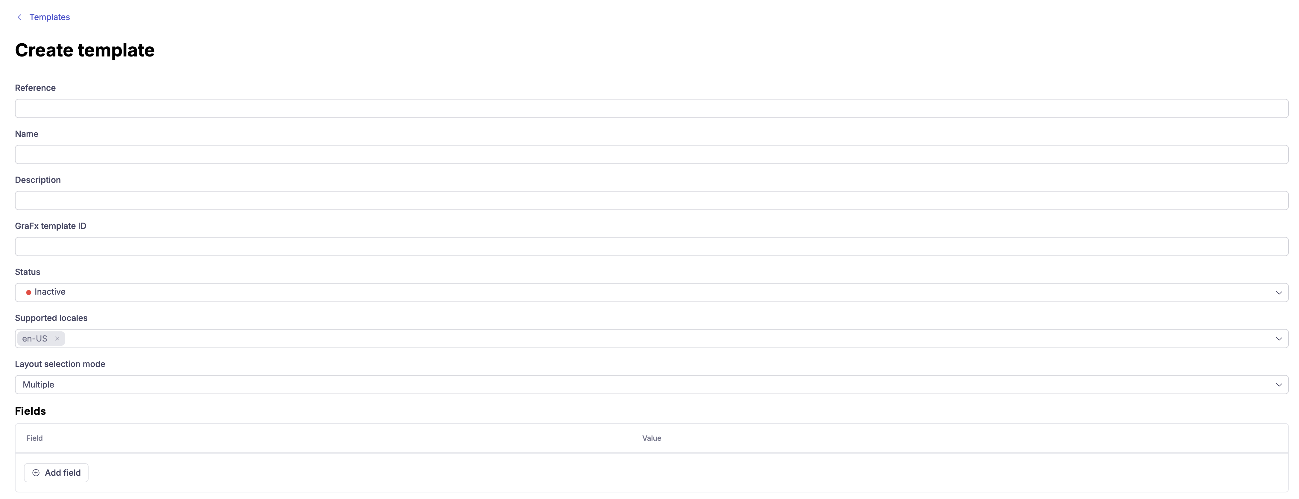 The New template form in the extension admin console with fields for Reference, Name, Description, GraFx External ID, Status, Supported locales, and Main visual