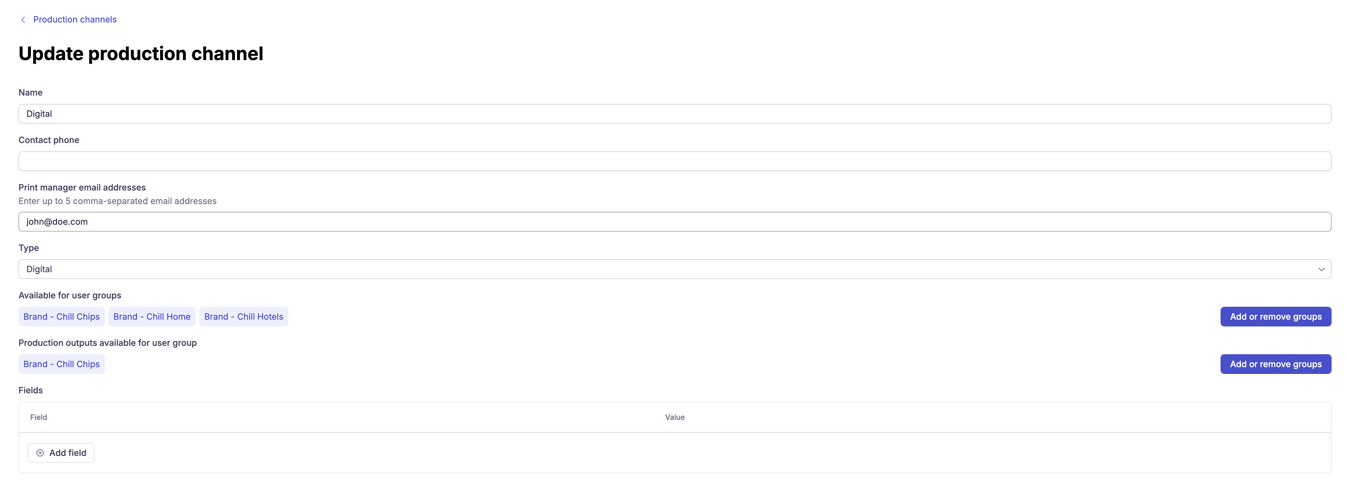 The New production channel form showing Name, Type dropdown with Print and Digital, contact fields, and user group access settings