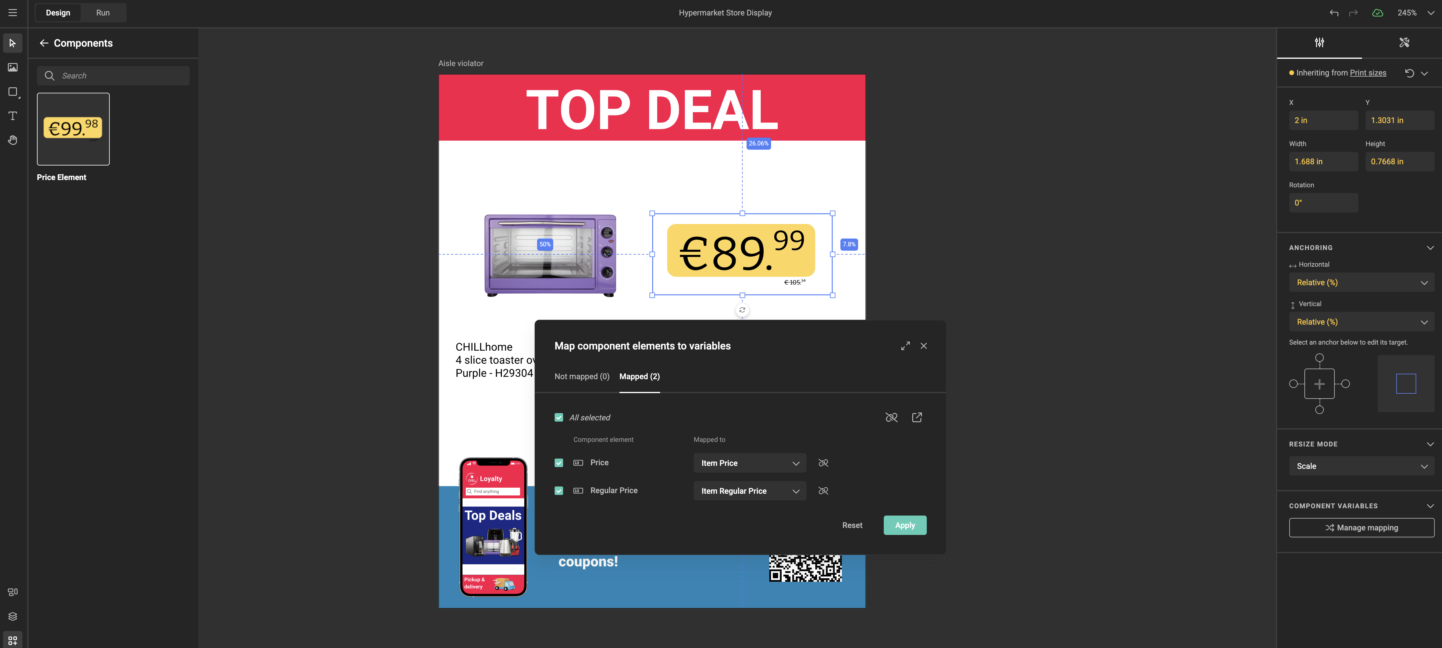 Template canvas showing a single price tag component placed on the page
