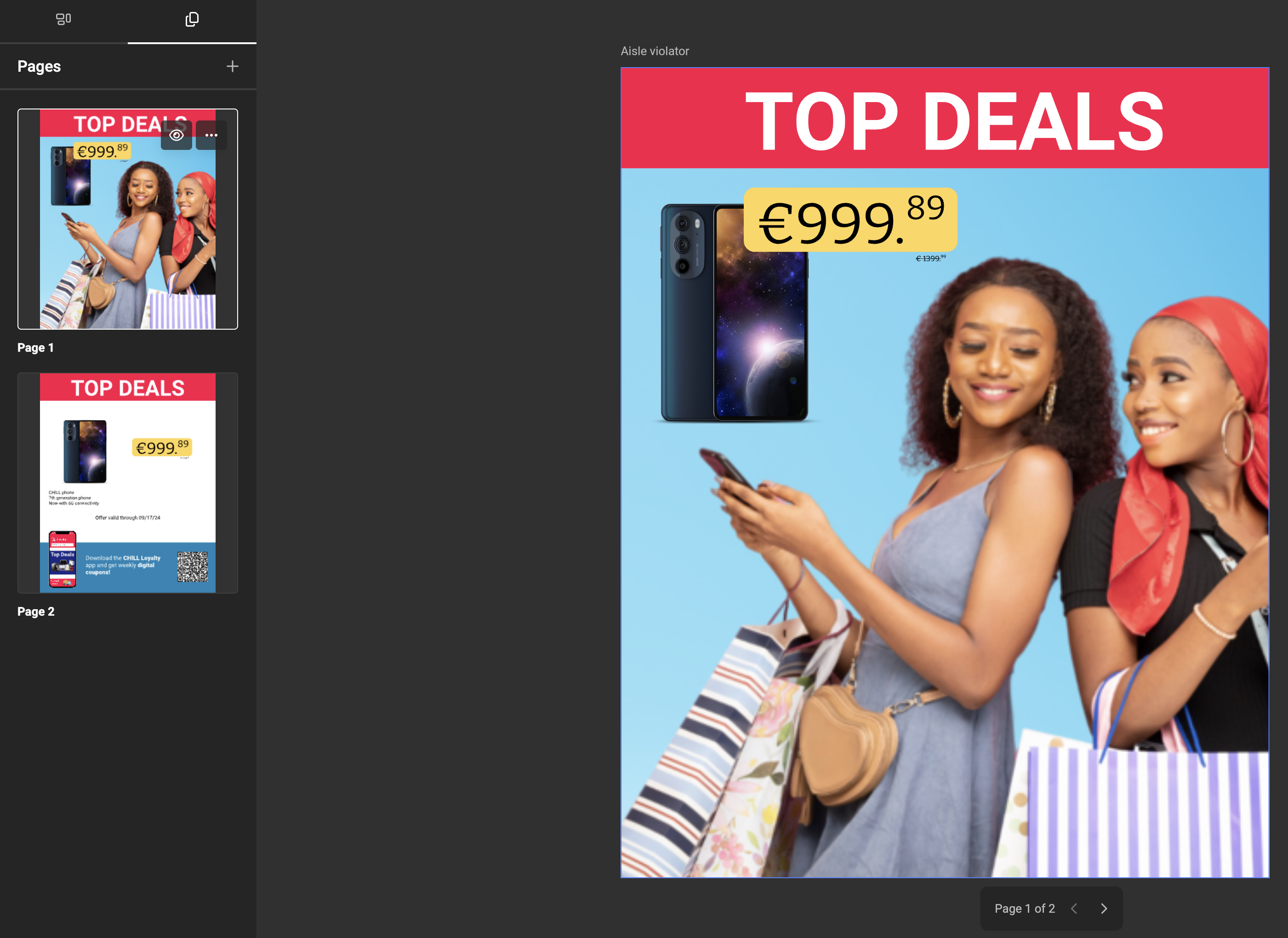 Two-page template showing the same component on page 1 and page 2, both connected to the same variables