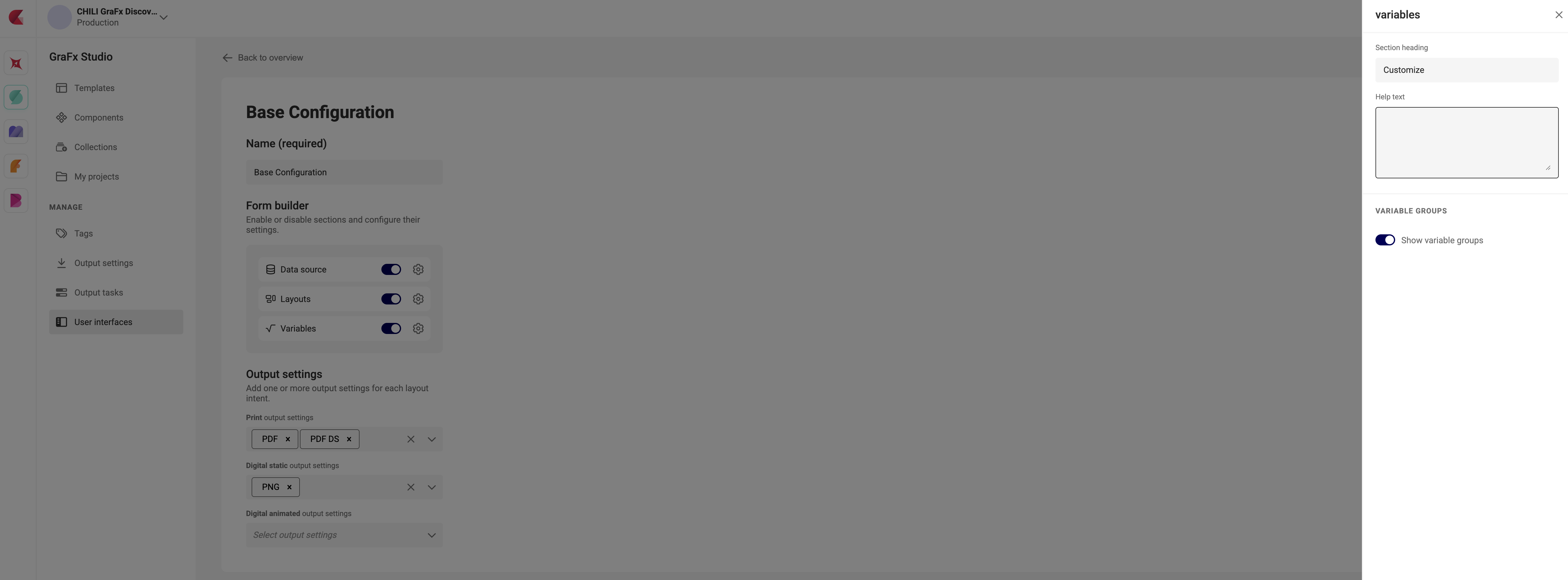 The variables settings panel with the Show variable groups toggle enabled