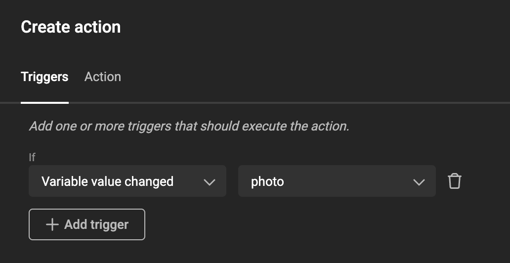 Action trigger set to "Variable value changed" on the photo variable