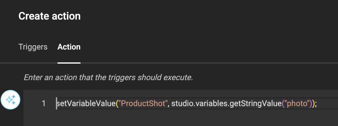 JavaScript editor showing setVariableValue copying photo to ProductShot