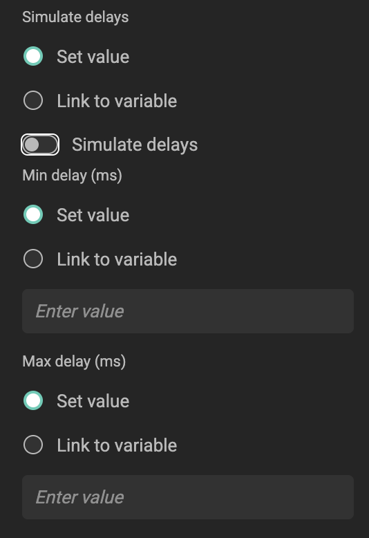 Simulate delays toggle with Min delay and Max delay fields