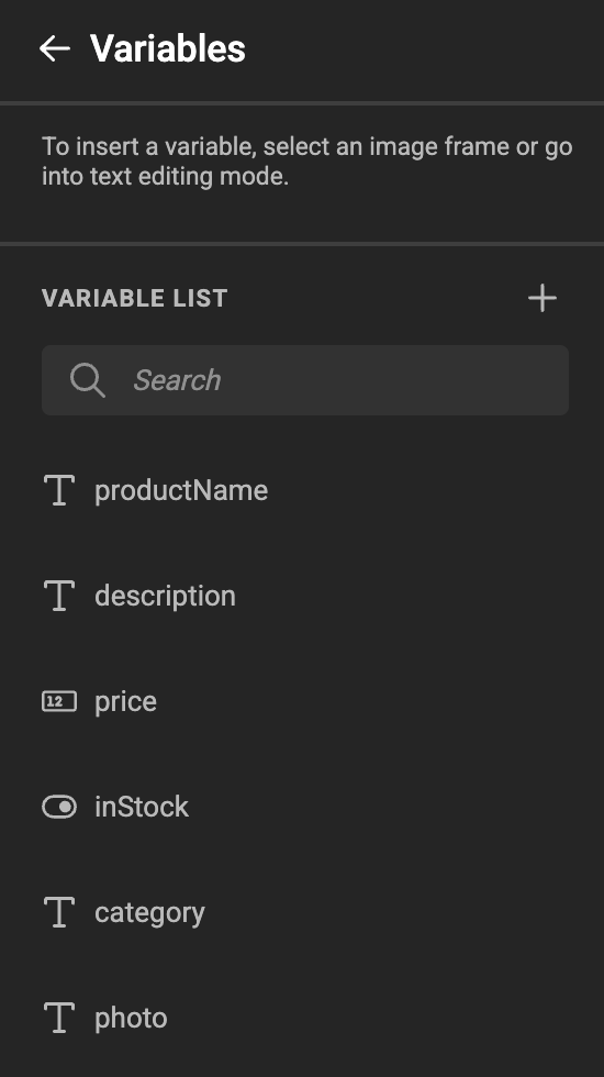 Variable list showing the variables generated from the example schema