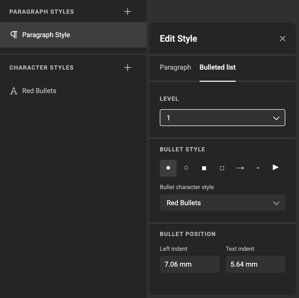 Open Bulleted List setup in the Paragraph style definition