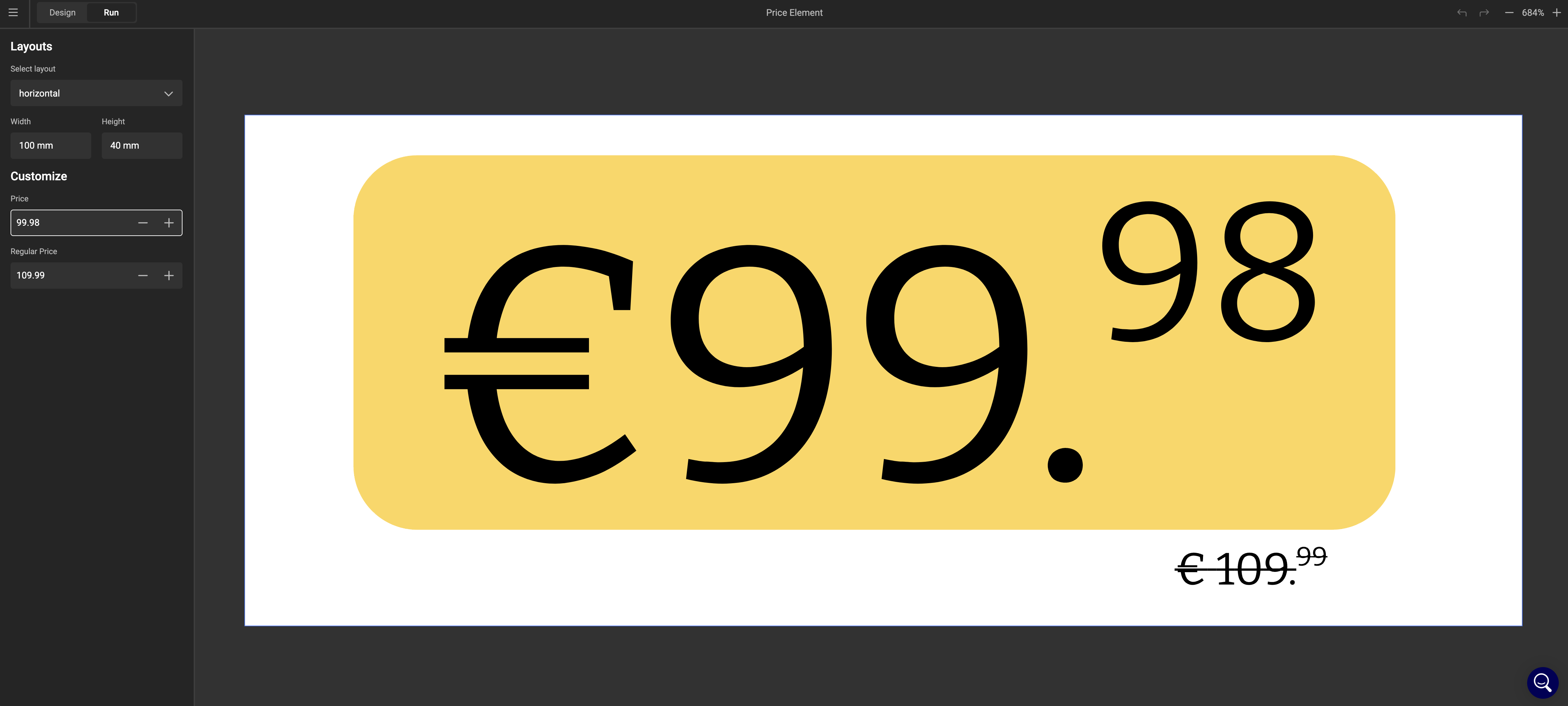Component workspace in Run Mode with test values entered in the variable fields