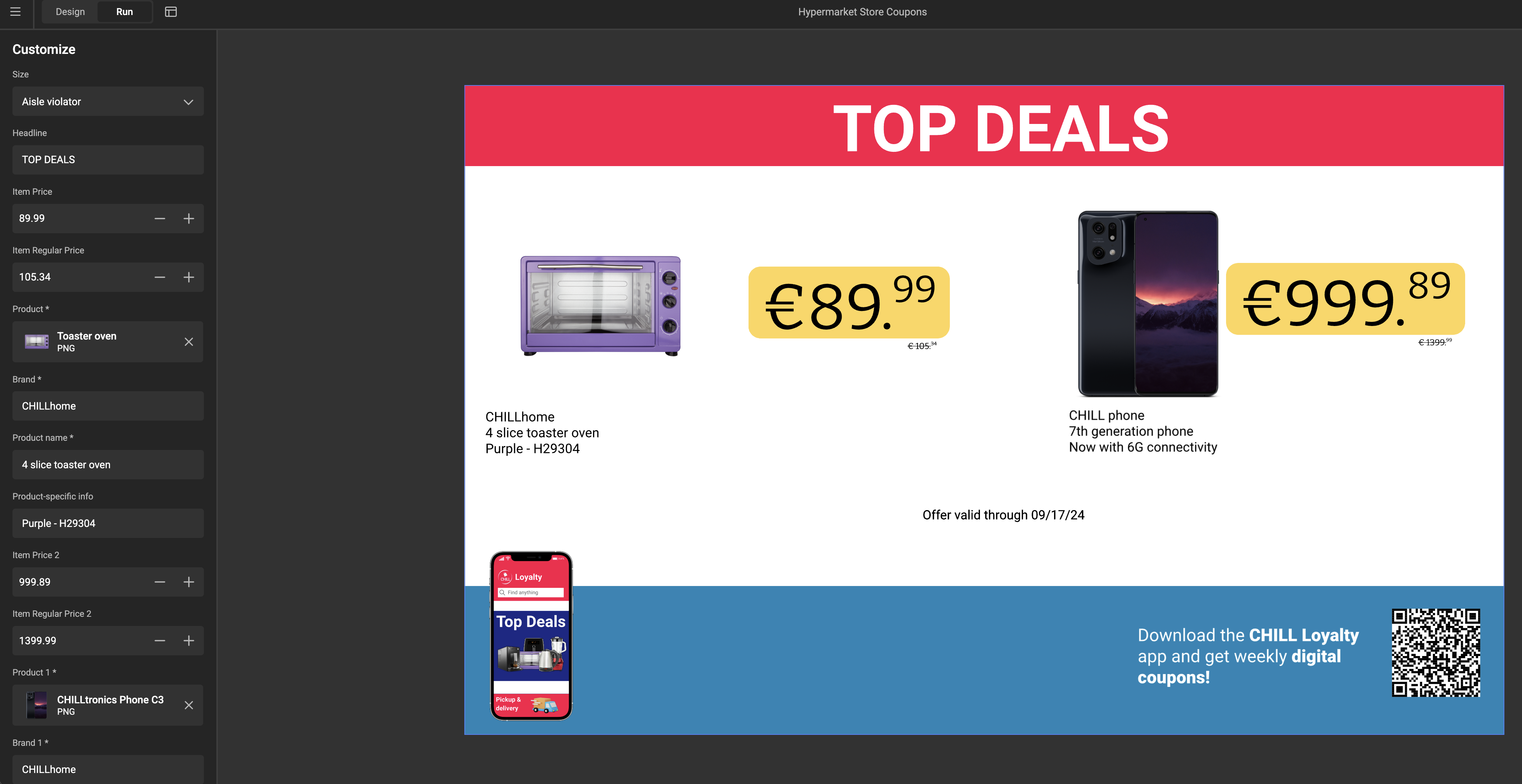 Template in Run Mode showing two Price Element instances with different values