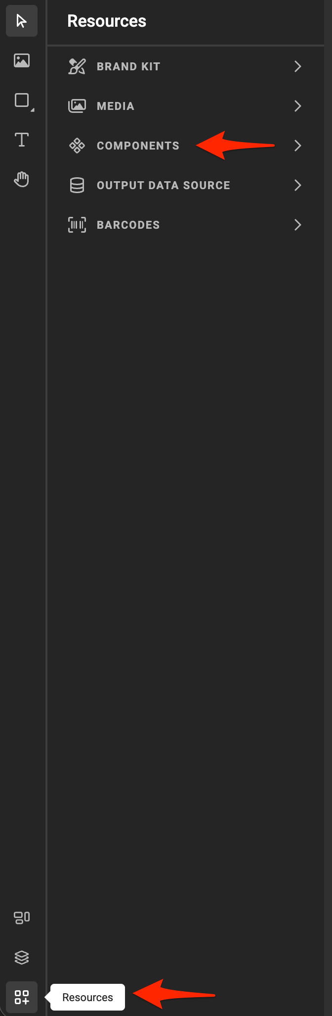 Resources panel showing Components highlighted