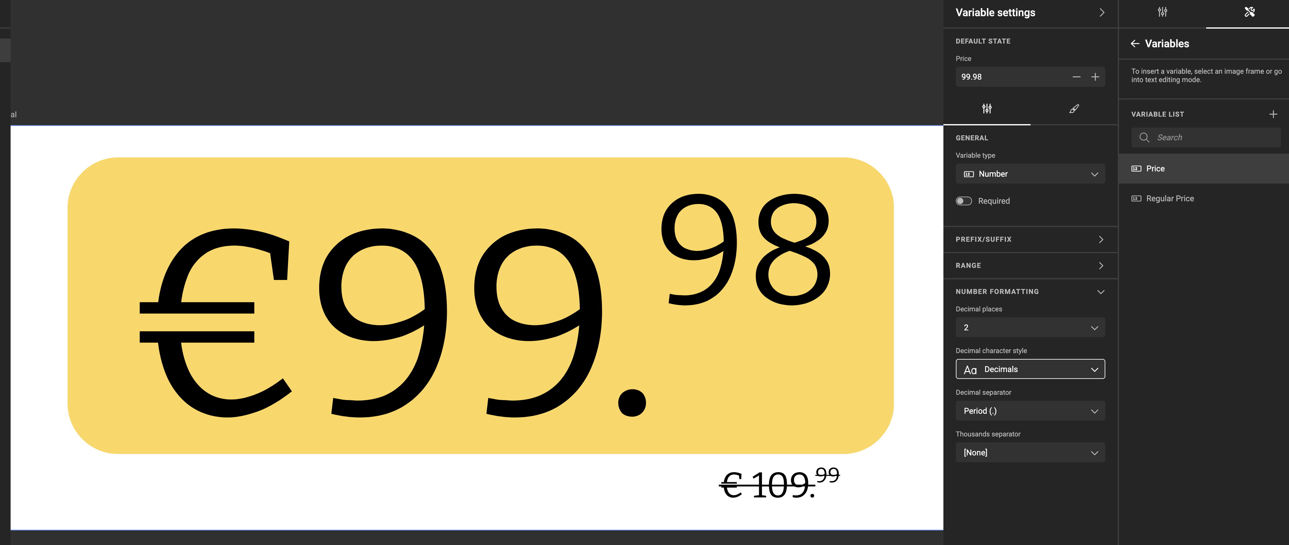 Variables panel in the component workspace showing Price and Regular Price