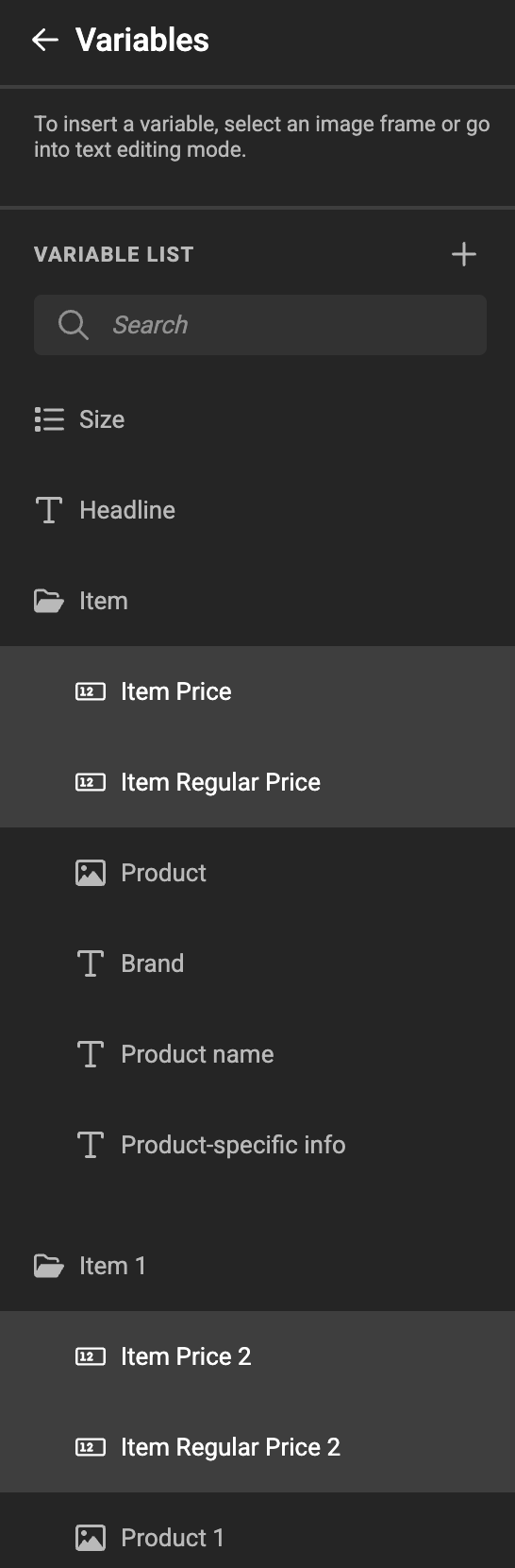 Variables panel showing component groups with mapped variables