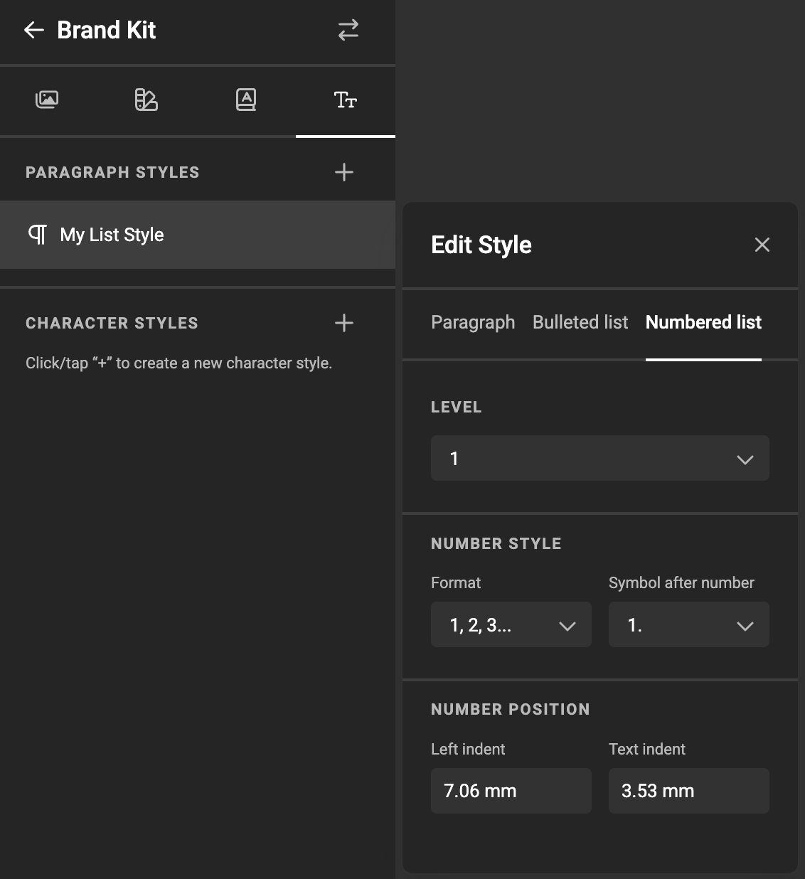 Open Numbered List setup in the Paragraph style definition