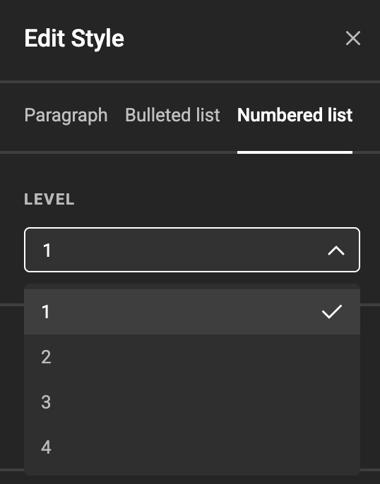 Numbered list level selector