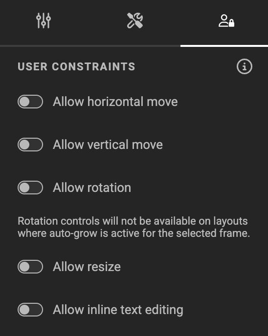 Text frame selected with the User Constraints panel open showing all options disabled