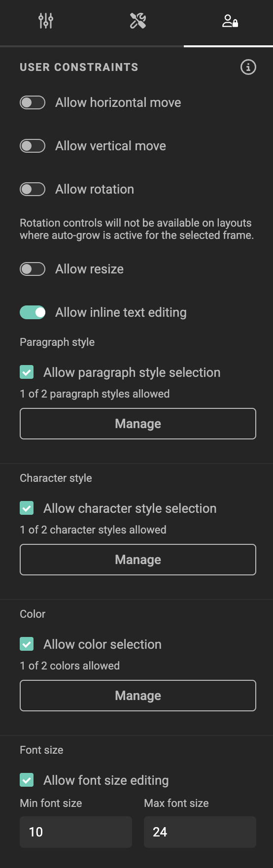 User Constraints panel with inline text editing enabled, showing paragraph style, character style, color, and font size sub-options