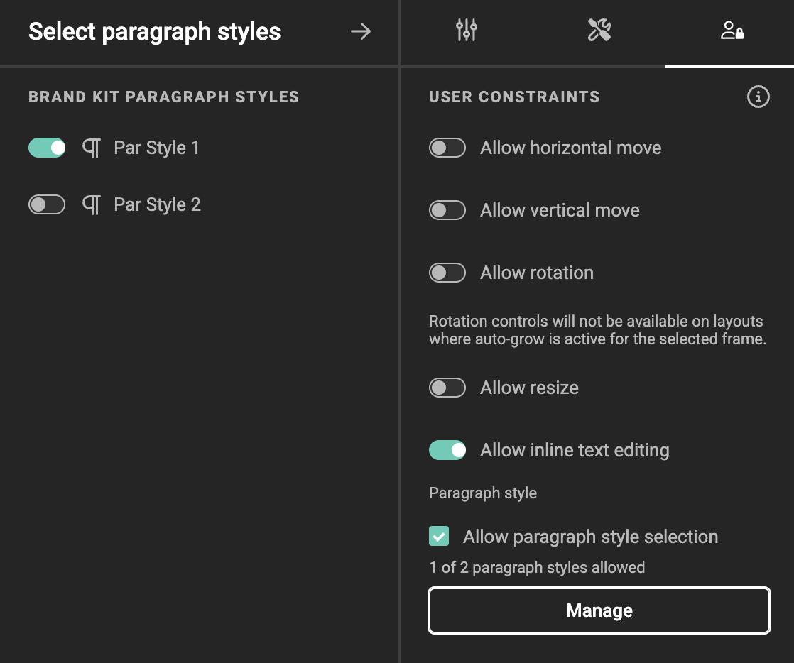 Paragraph style selection showing Brand Kit paragraph styles with toggles to allow or restrict each one