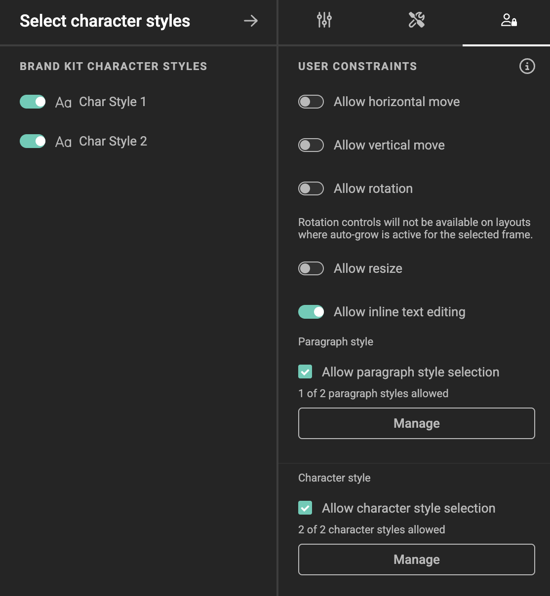 Character style selection showing Brand Kit character styles with toggles to allow or restrict each one