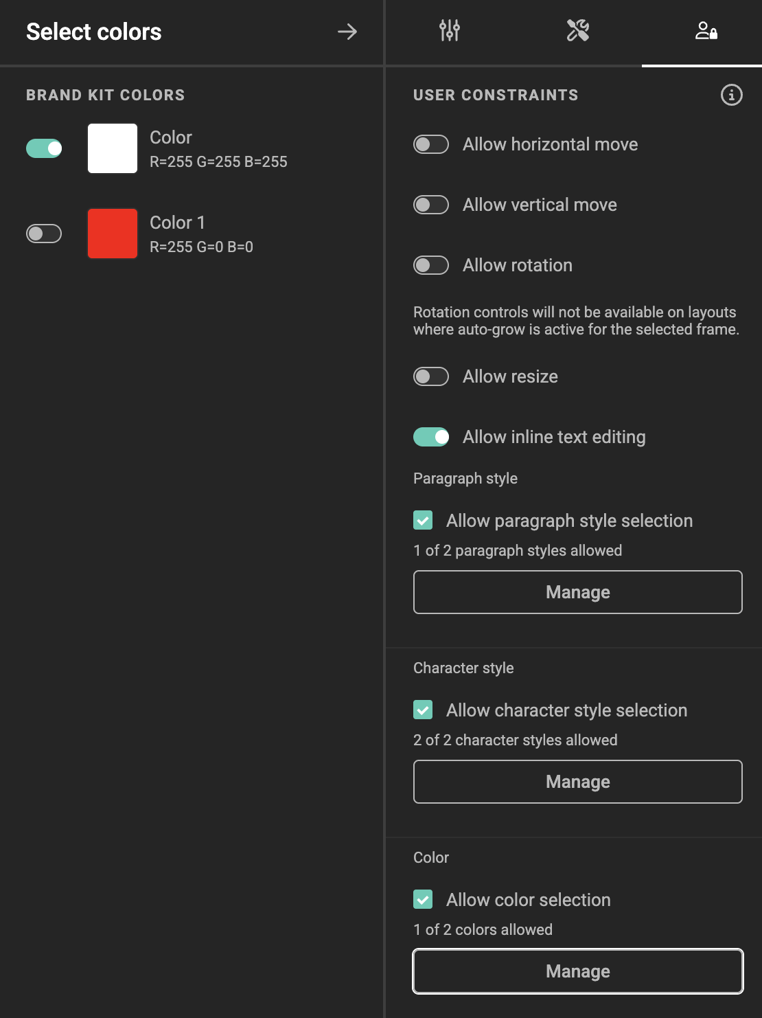 Color selection showing Brand Kit colors with toggles to allow or restrict each one