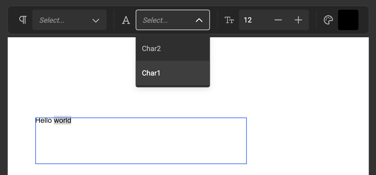 The character style dropdown open in run mode, showing only the allowed styles