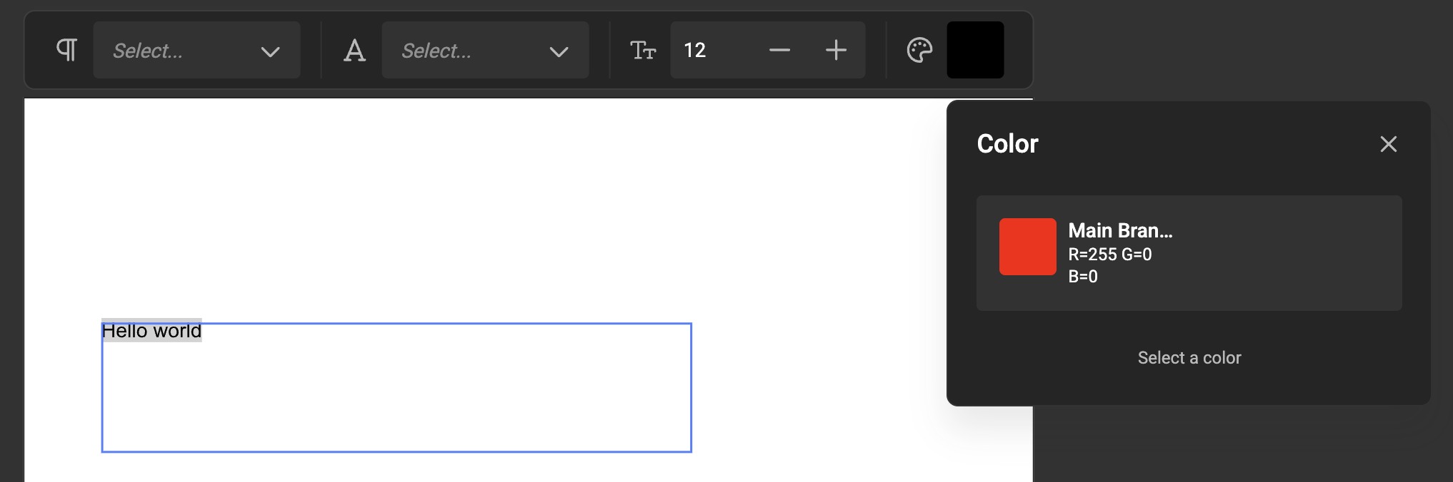The color picker open in run mode, showing only the allowed Brand Kit colors