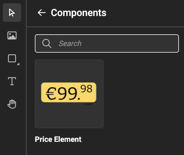 Component browser with search results showing Component-Price
