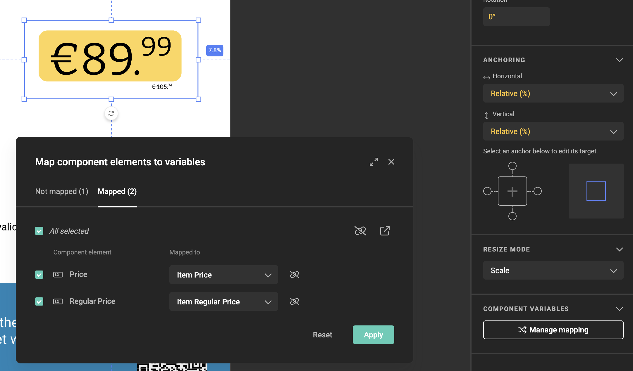 Map component elements to variables modal with Not mapped and Mapped tabs