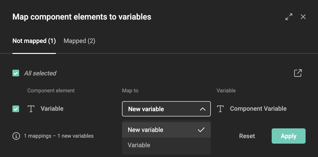 Mapping modal showing two component variables mapped to new variables