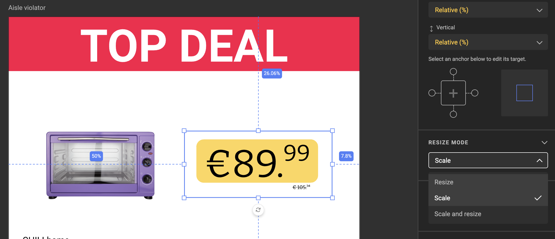 Resize Mode dropdown in the properties panel with three options