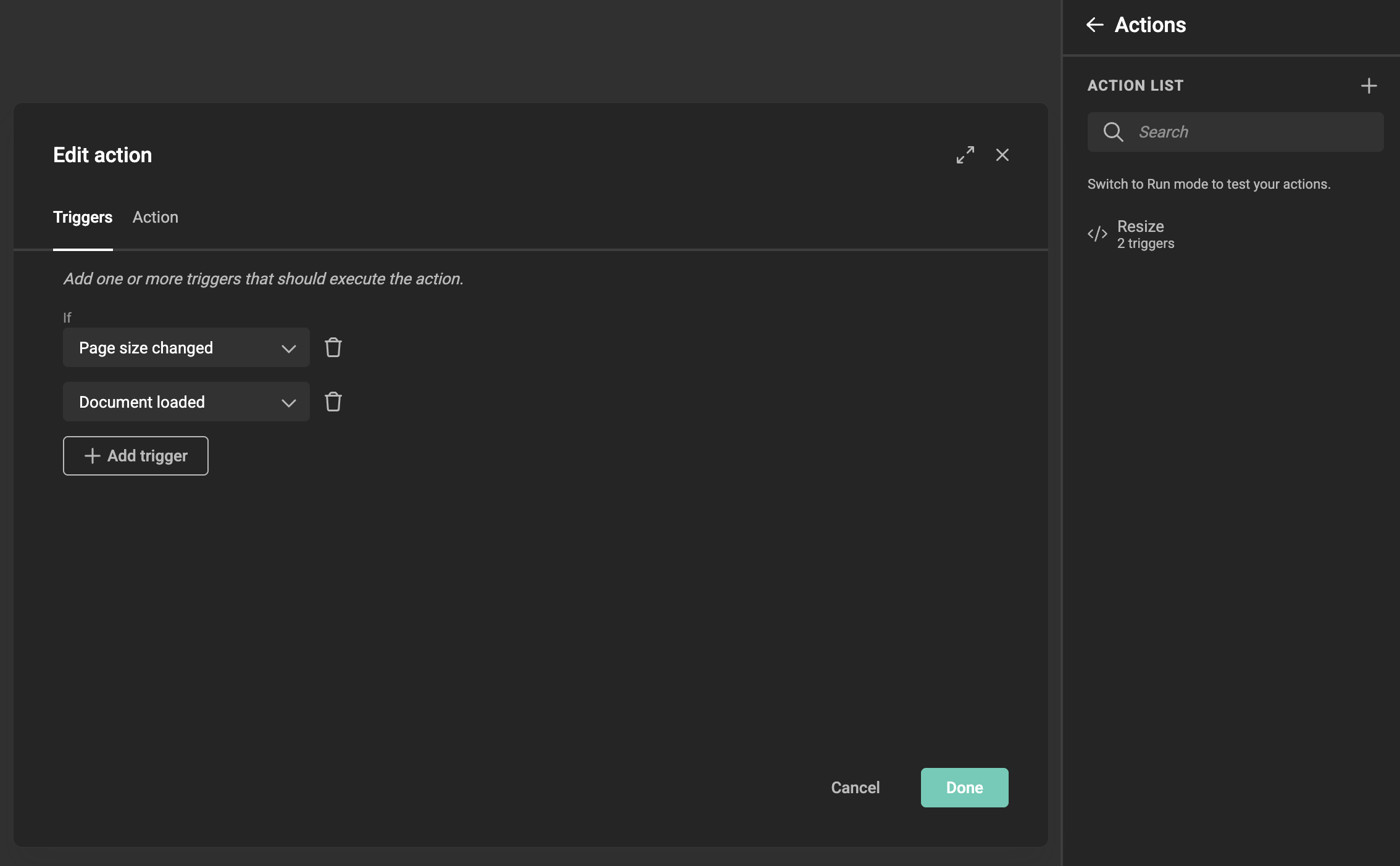 Triggers tab with Document loaded and Page size changed selected