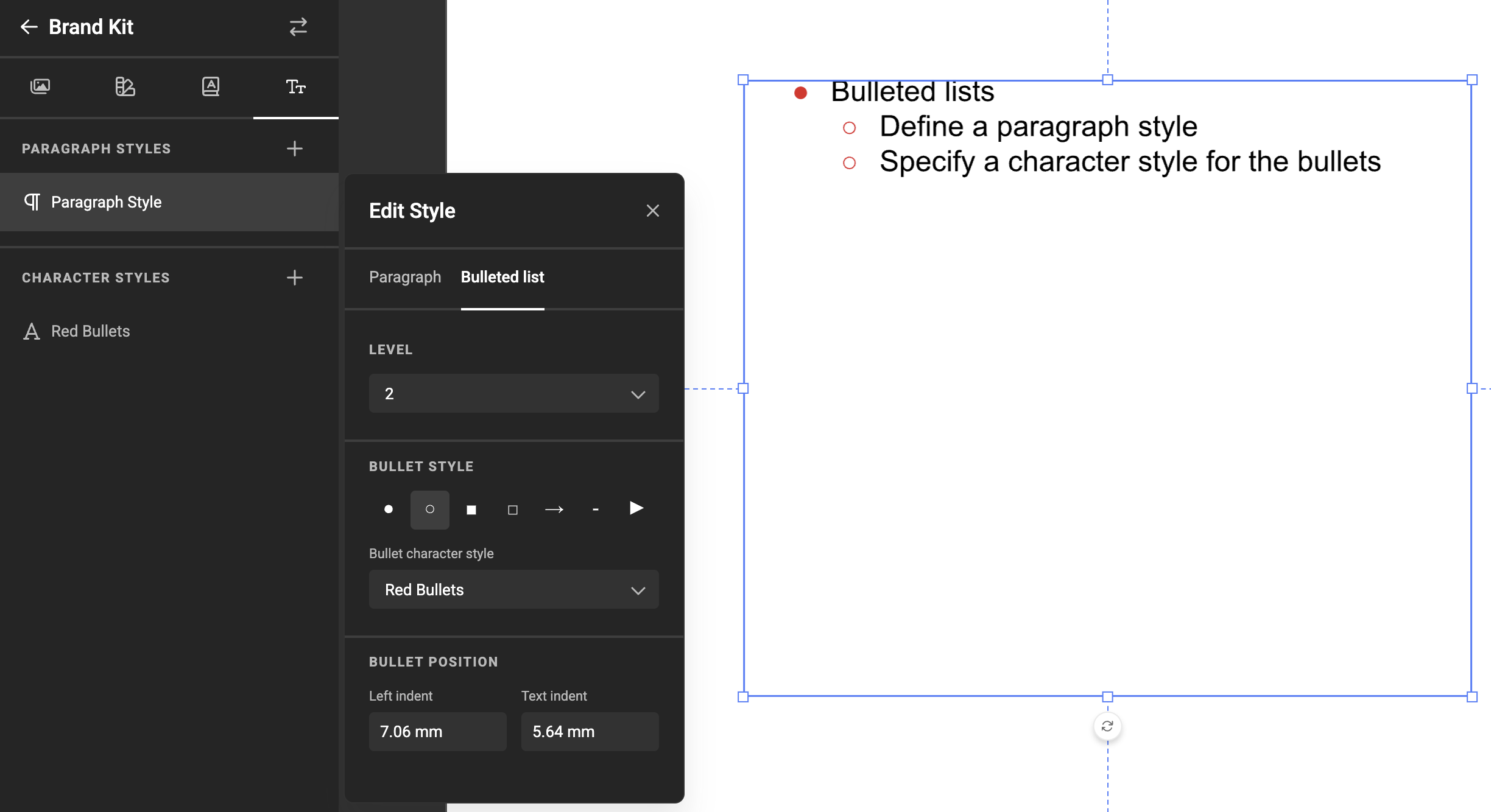 Bulleted lists with paragraph style and character styles