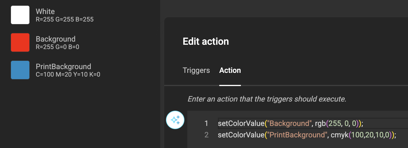 Set colors in actions