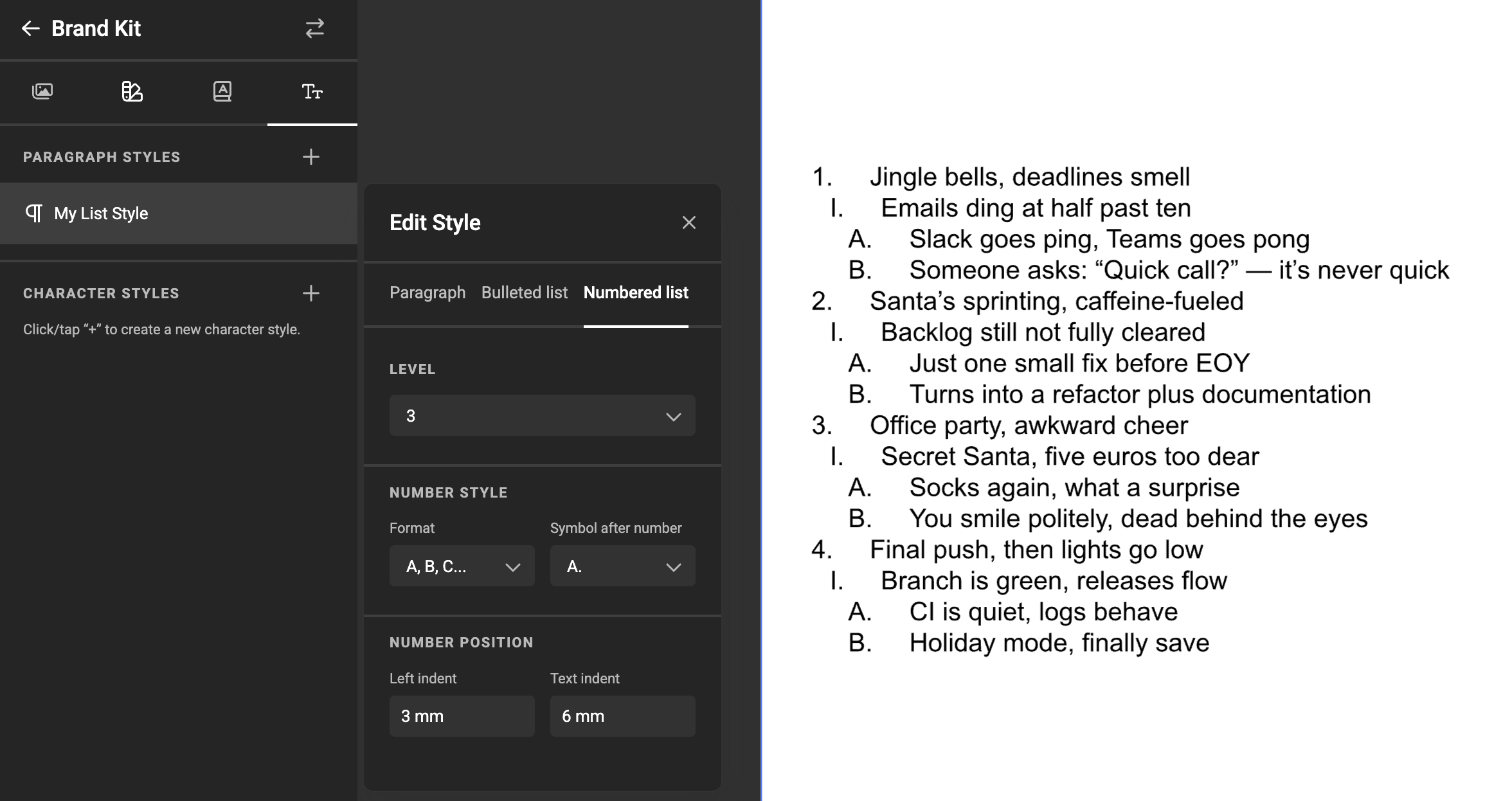Numbered lists with paragraph style